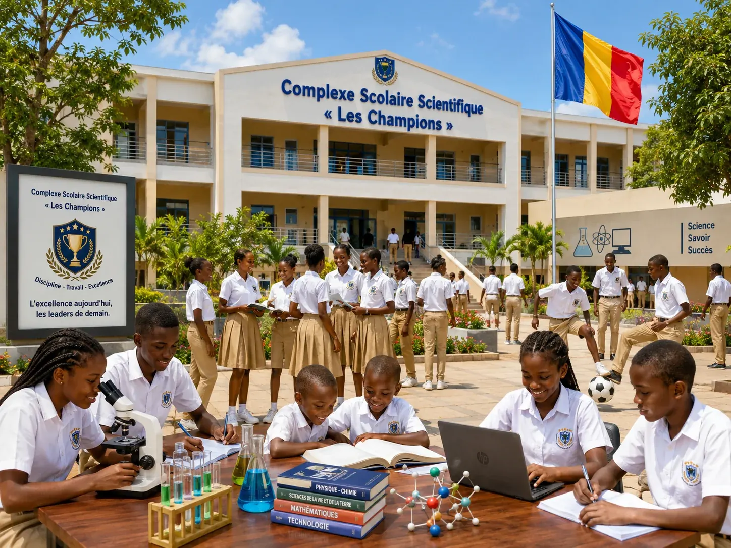 Élèves du complexe dans une cour scolaire propre et arborée